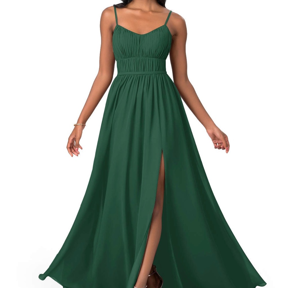 Azazie Yanelie floor length dark green bridesmaids dress